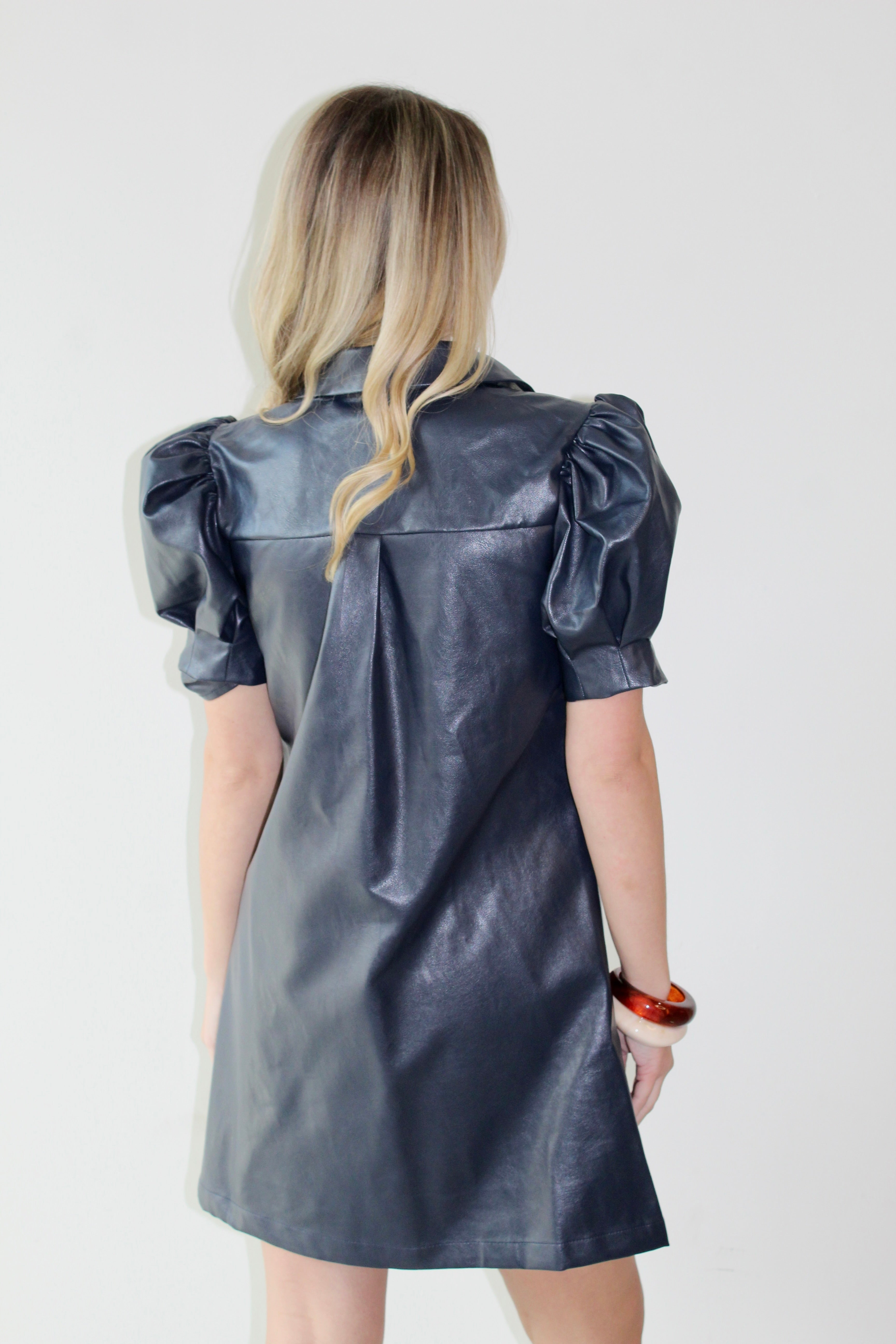 Vegan Leather Mini Dress - Navy