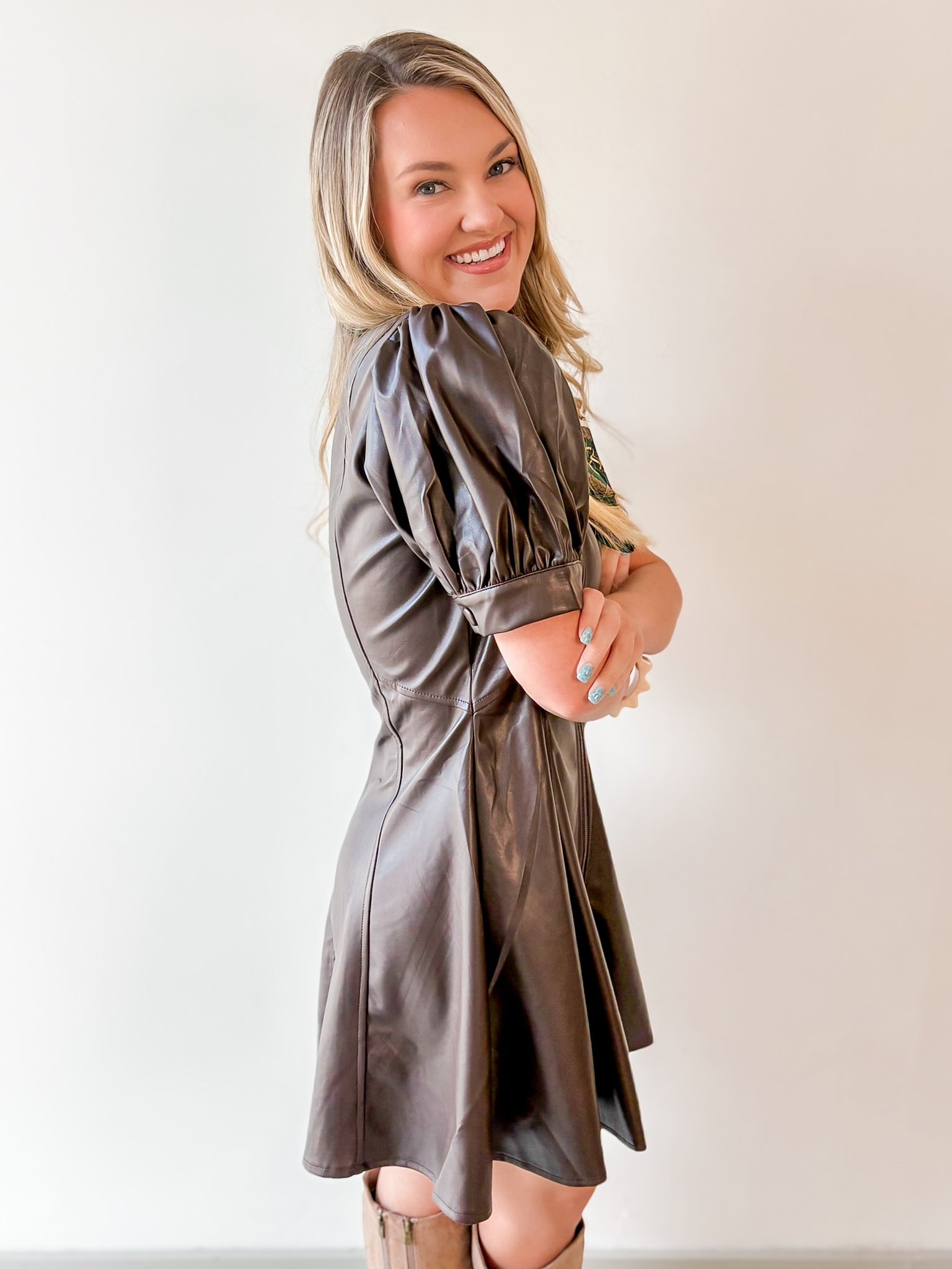 Vegan Pleather Puff Sleeve Dress