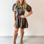 Vegan Pleather Puff Sleeve Dress