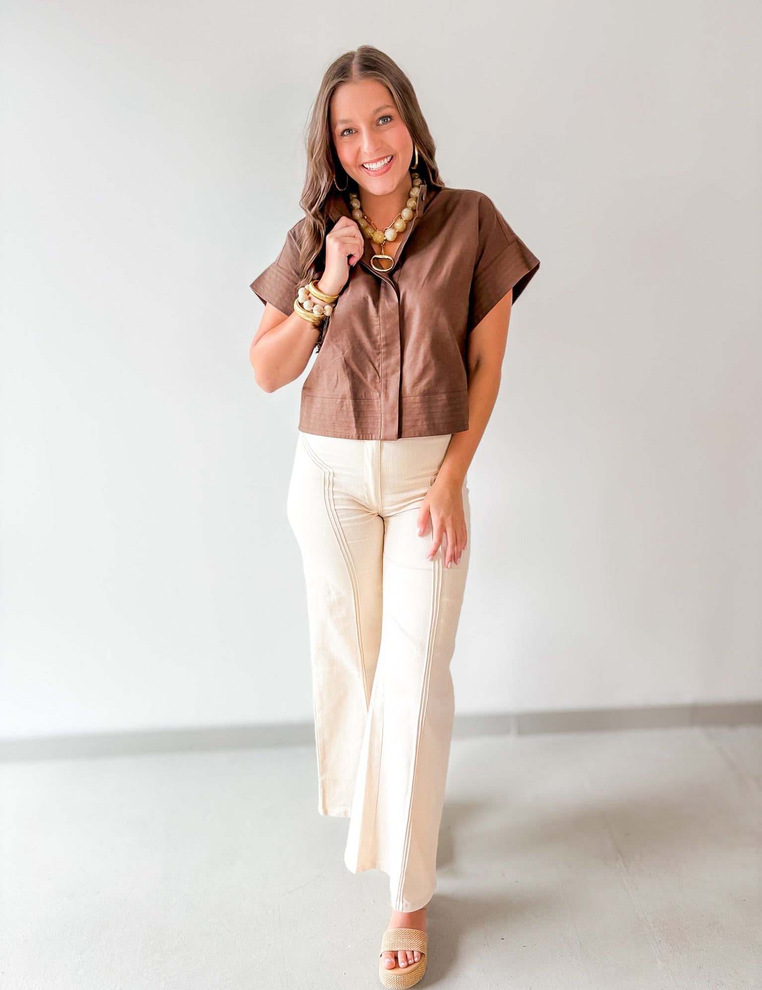 Vertical Seam High Waist Pants - Ecru
