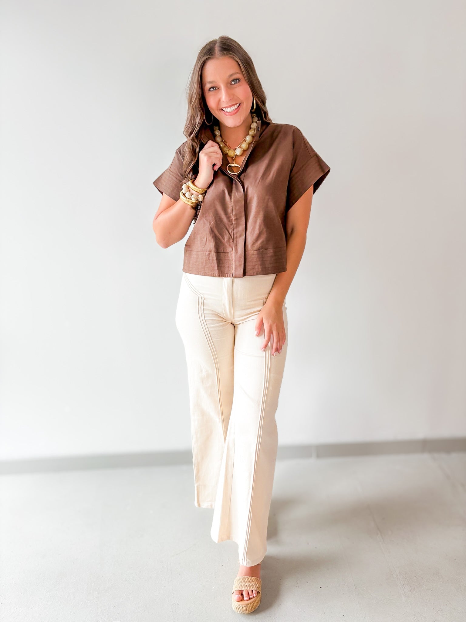 Vertical Seam High Waist Pants - Ecru