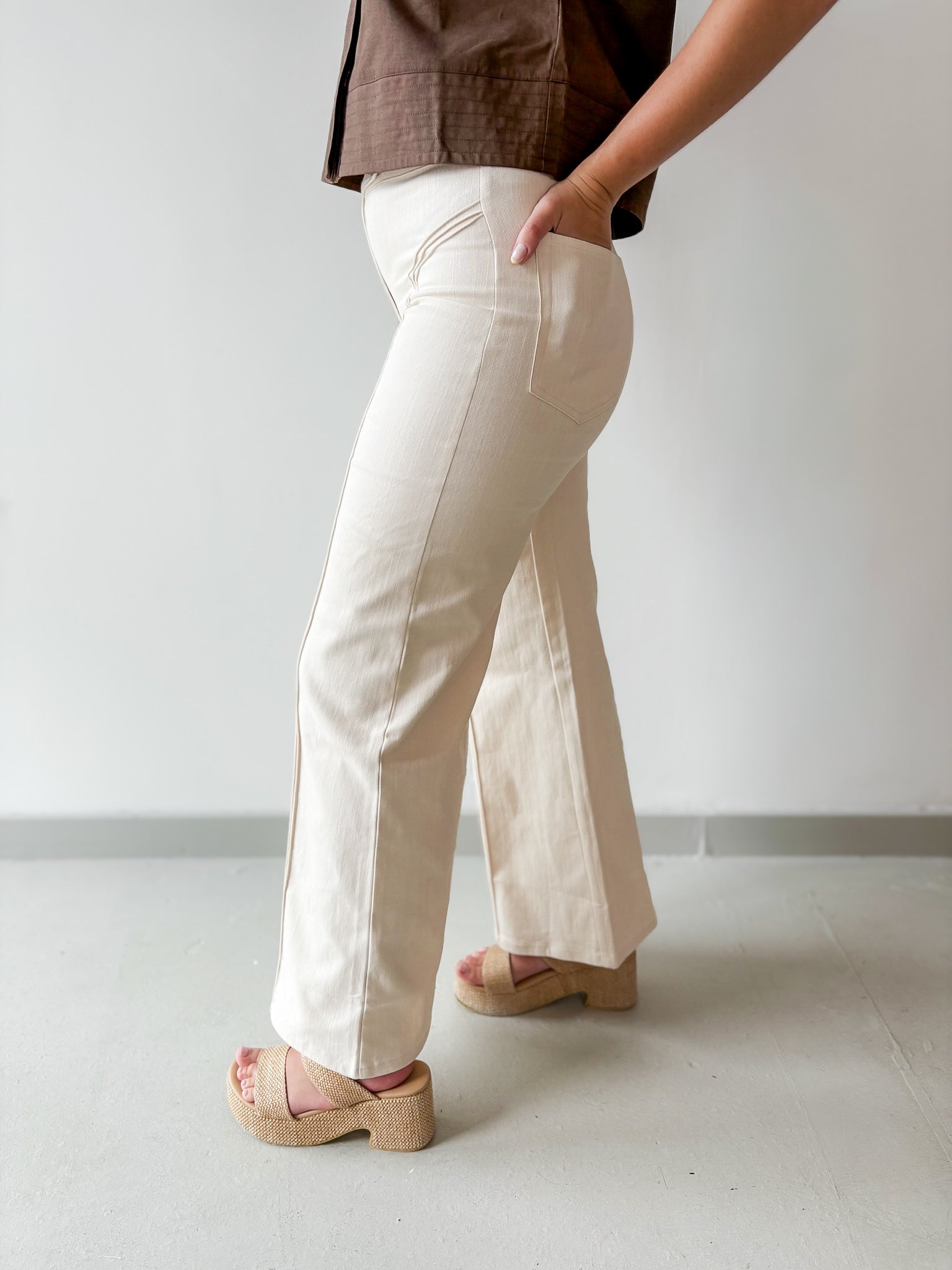 Vertical Seam High Waist Pants - Ecru
