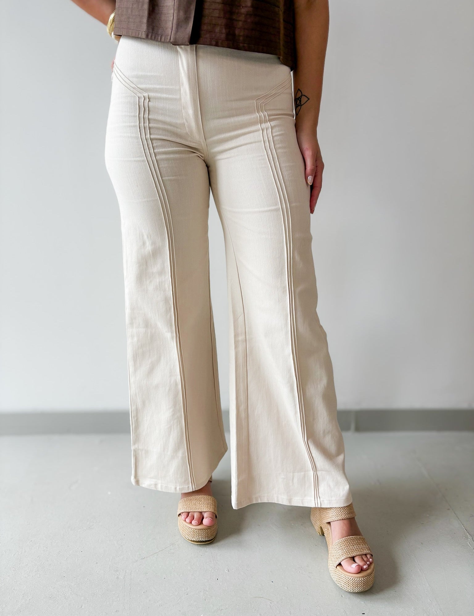 Vertical Seam High Waist Pants - Ecru