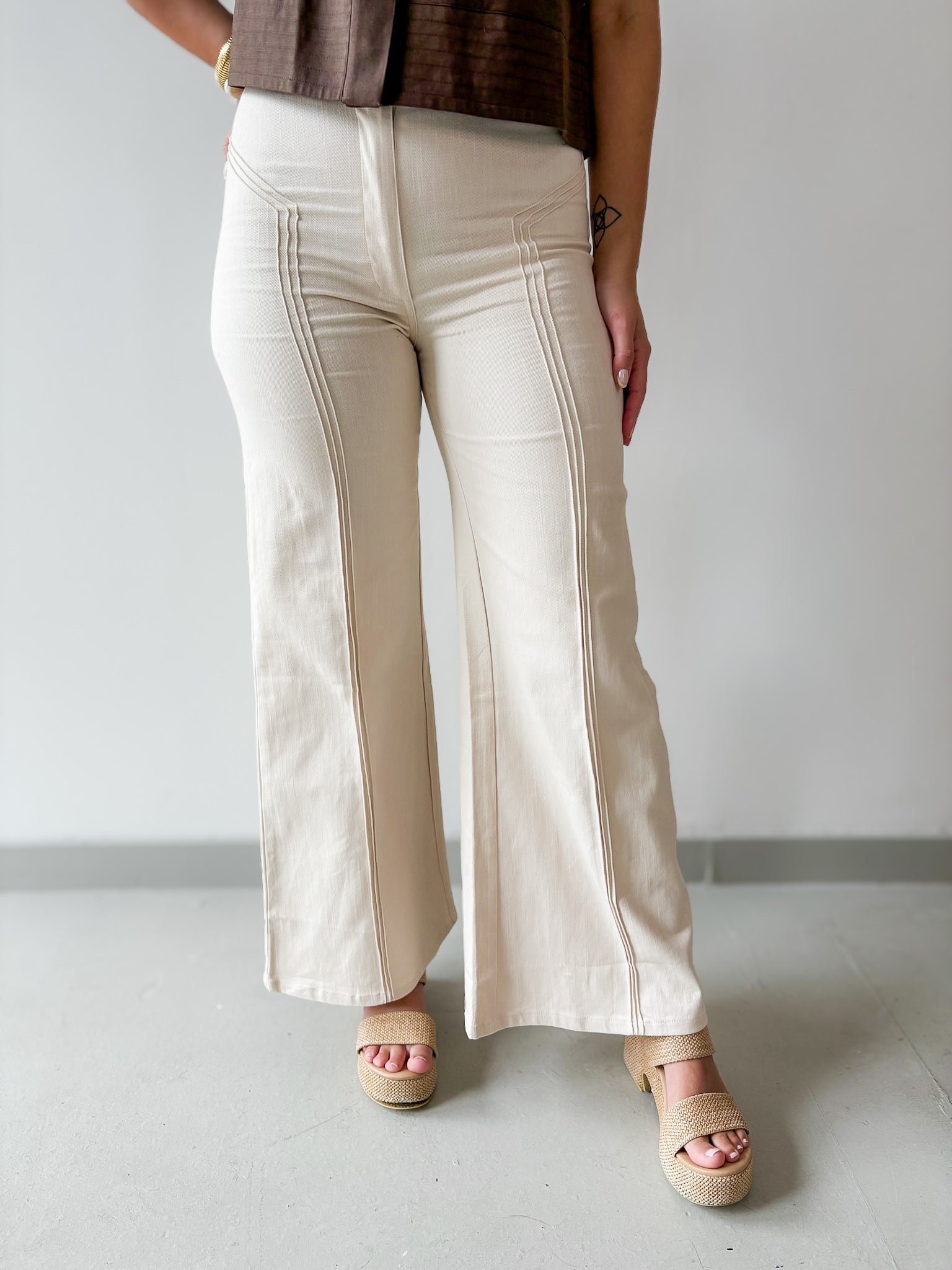 Vertical Seam High Waist Pants - Ecru