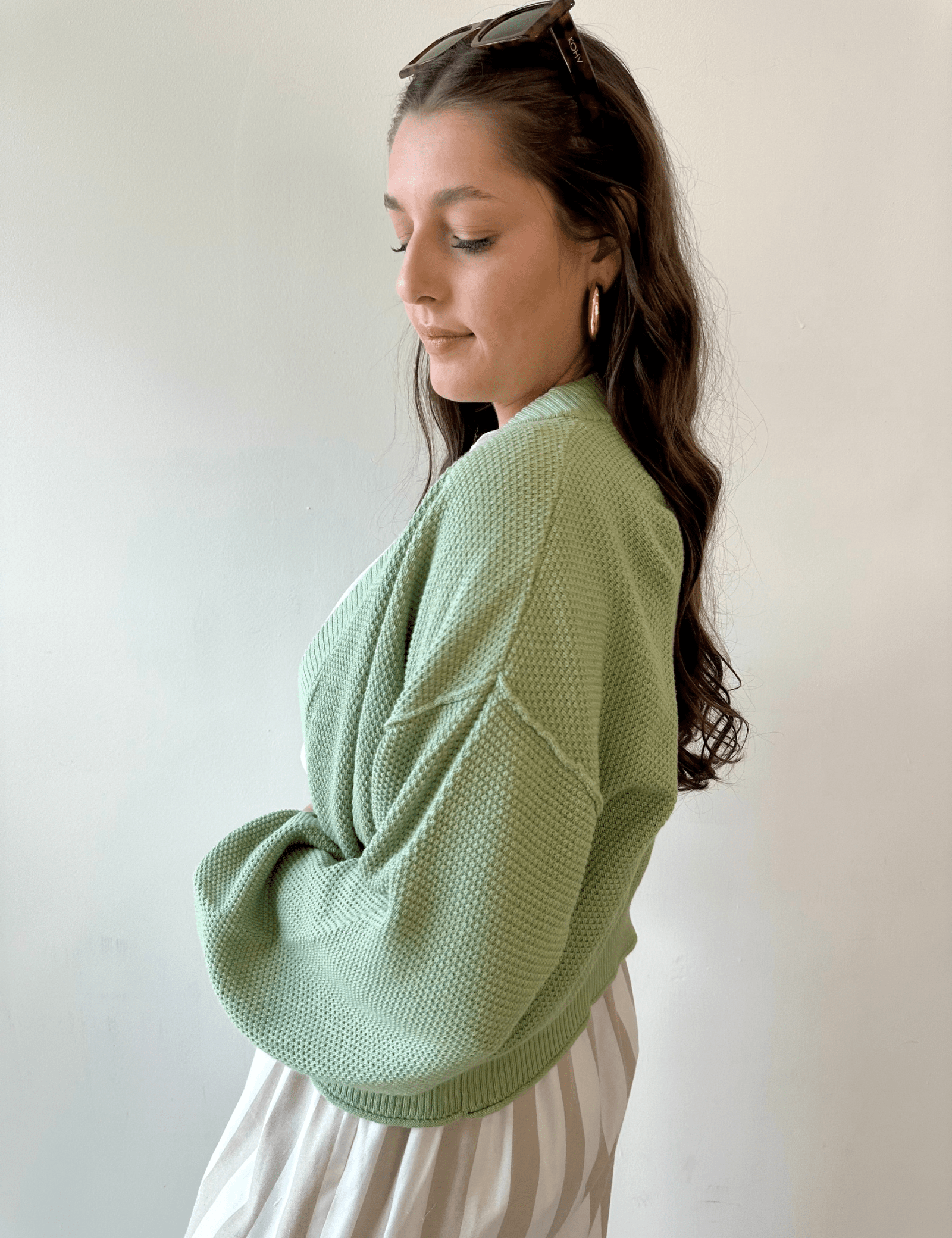 Waffle Open Front Sweater Cardigan - Pistachio