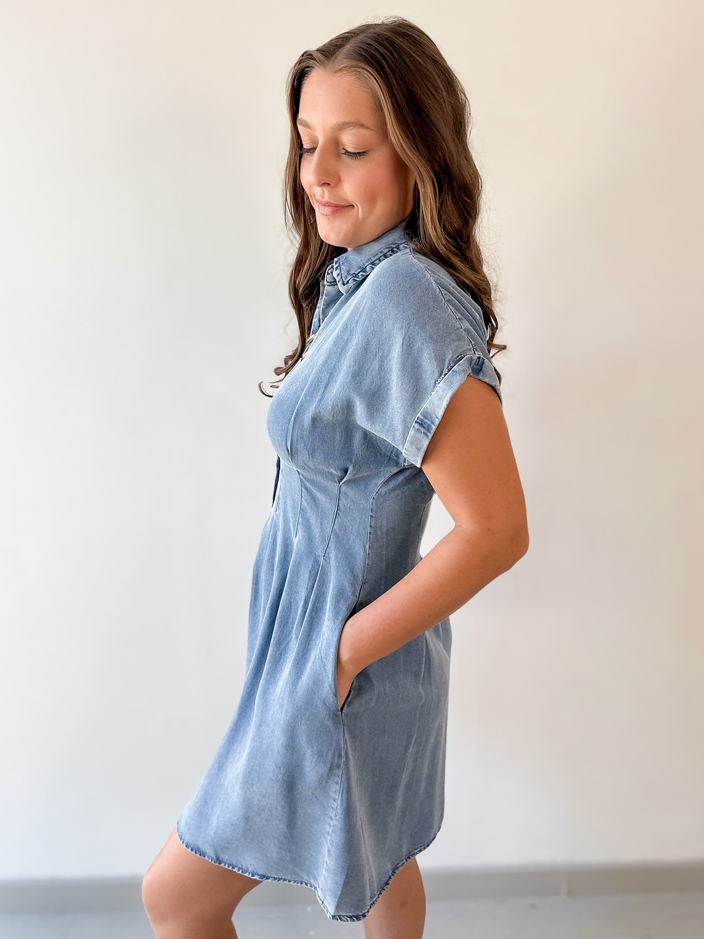 Waist Defining Pleat Dress - Denim