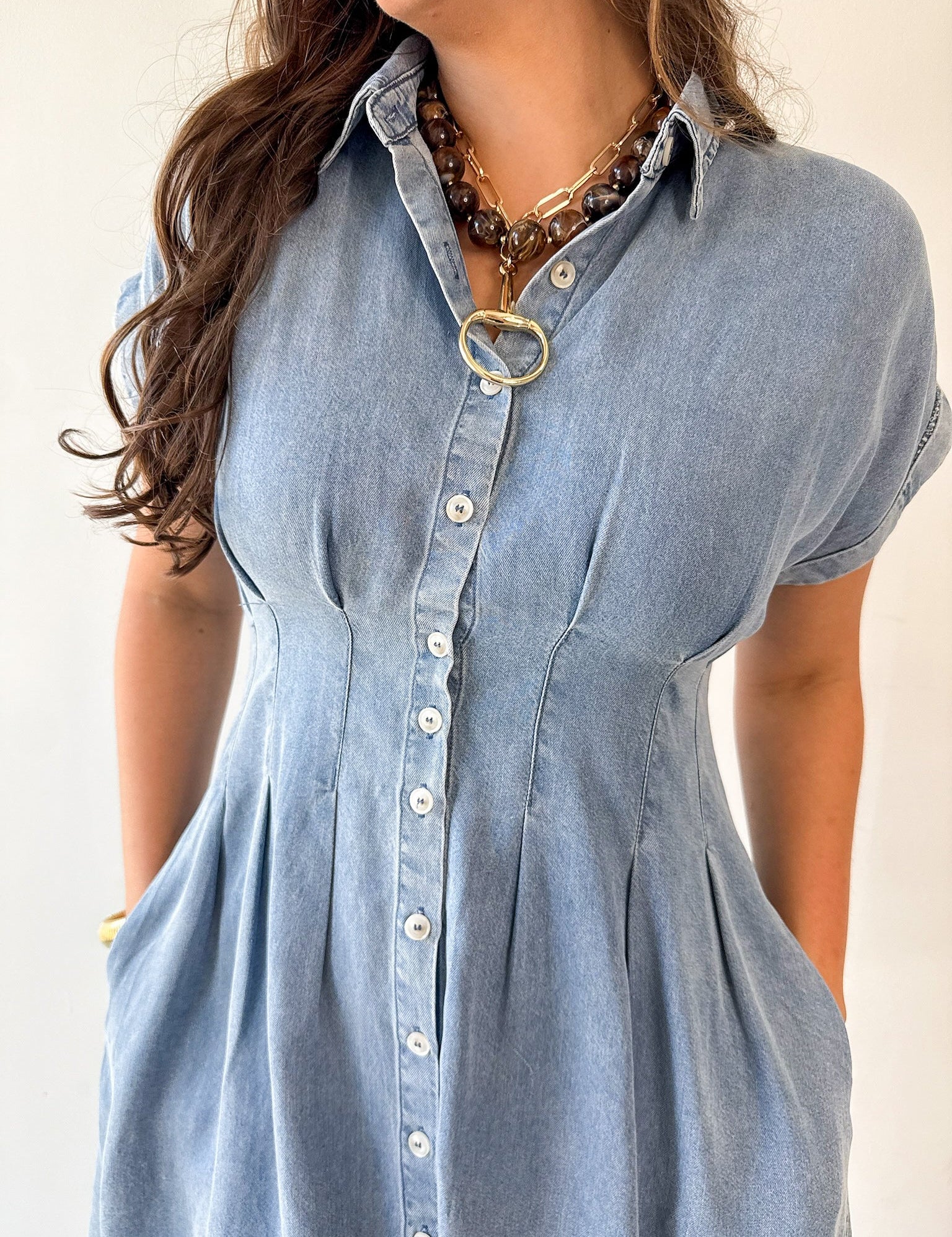 Waist Defining Pleat Dress - Denim