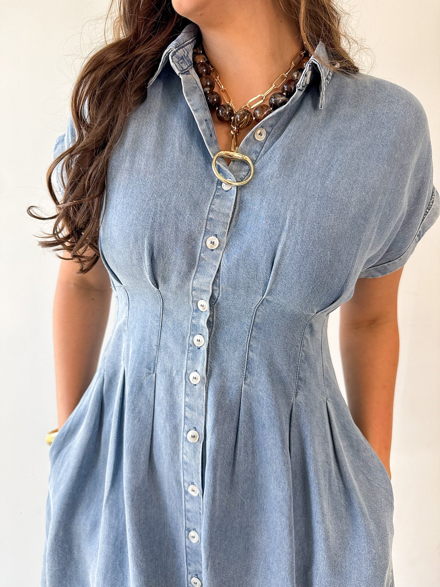 Waist Defining Pleat Dress - Denim