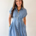 Waist Defining Pleat Dress - Denim