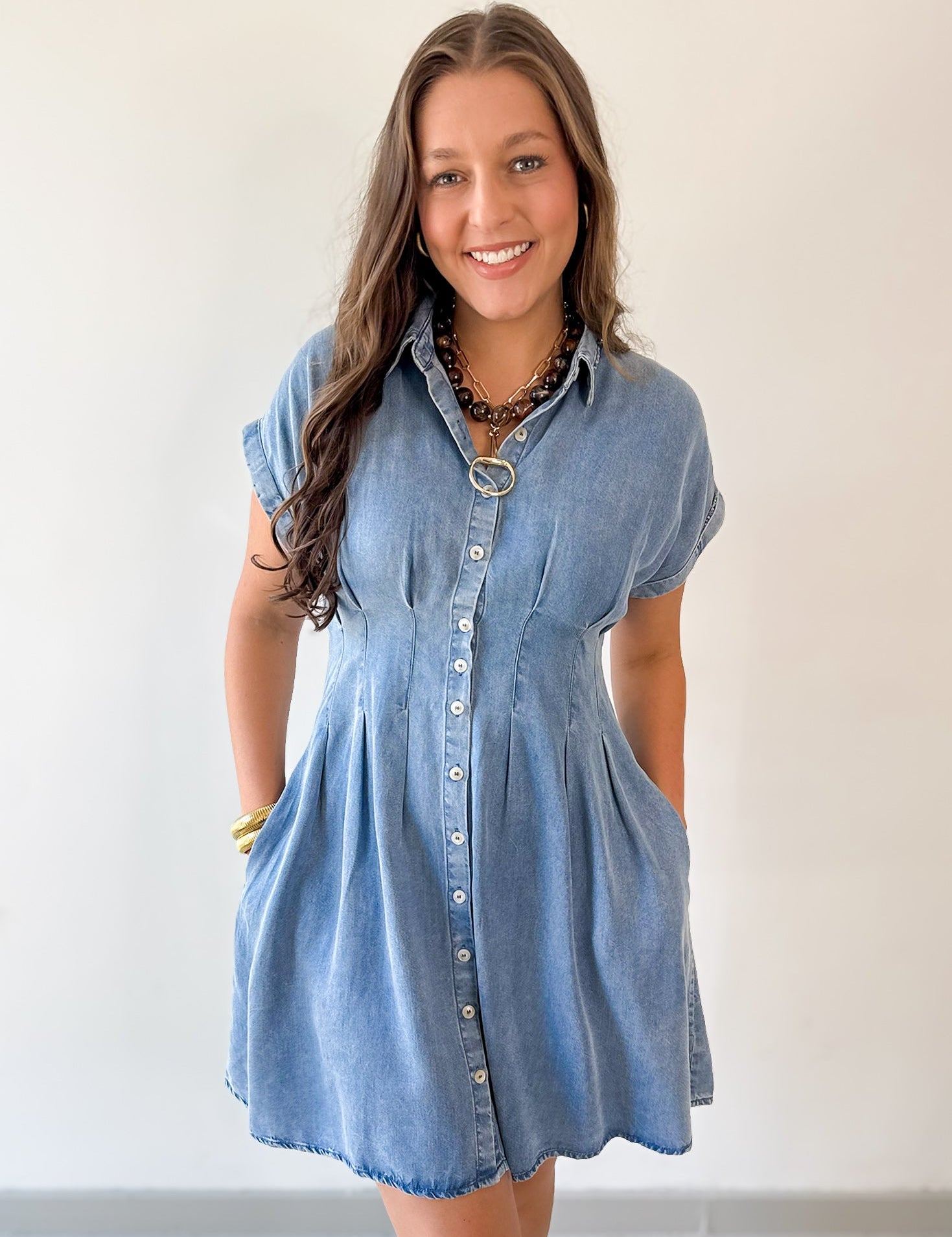 Waist Defining Pleat Dress - Denim