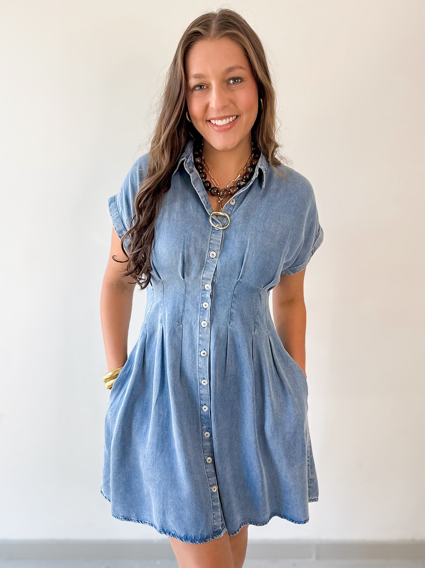 Waist Defining Pleat Dress - Denim