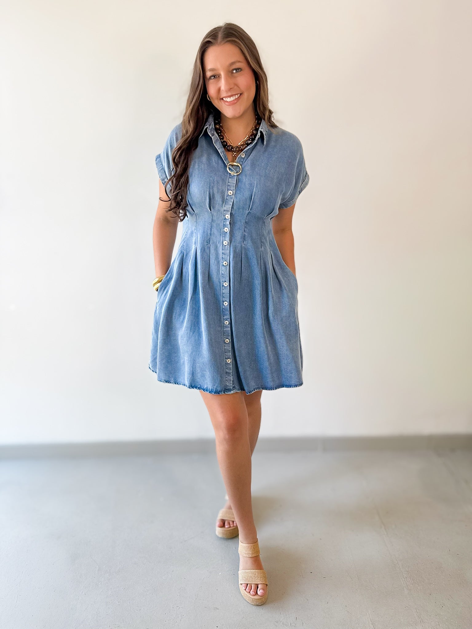 Waist Defining Pleat Dress - Denim