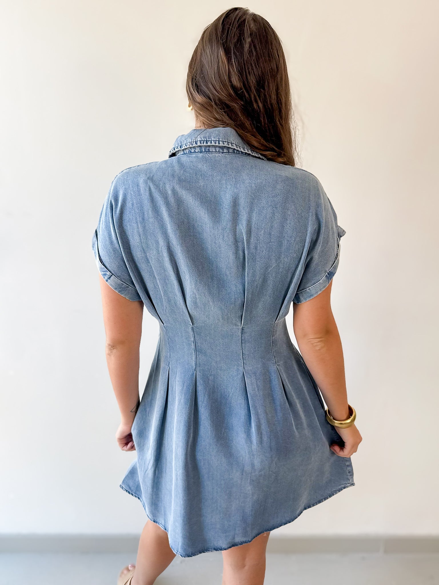 Waist Defining Pleat Dress - Denim