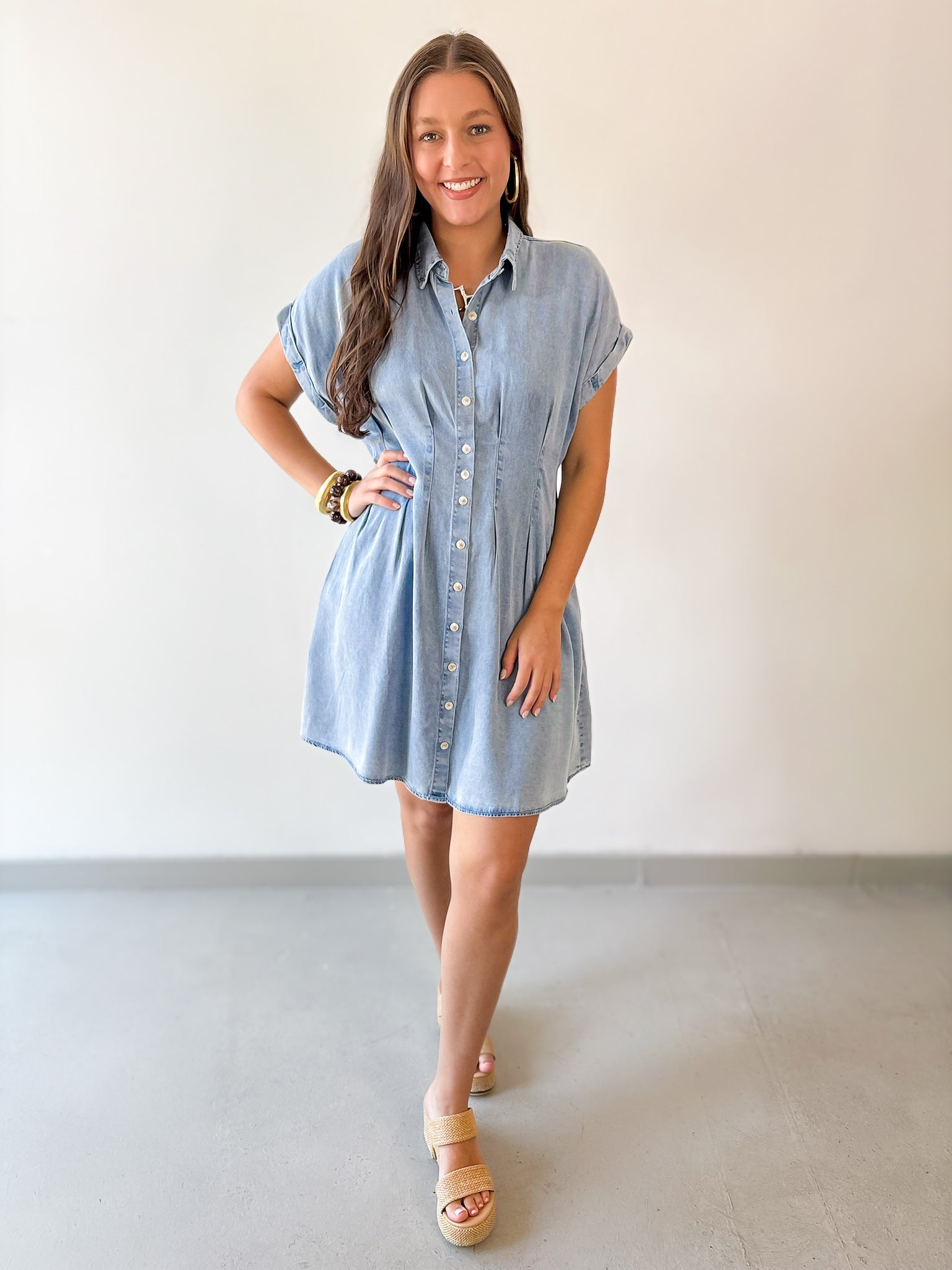 Waist Defining Pleated Dress - Light