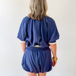 Waist Rib Bubble Top & Skort Set - Navy