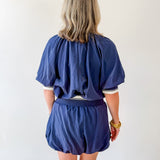 Waist Rib Bubble Top & Skort Set - Navy
