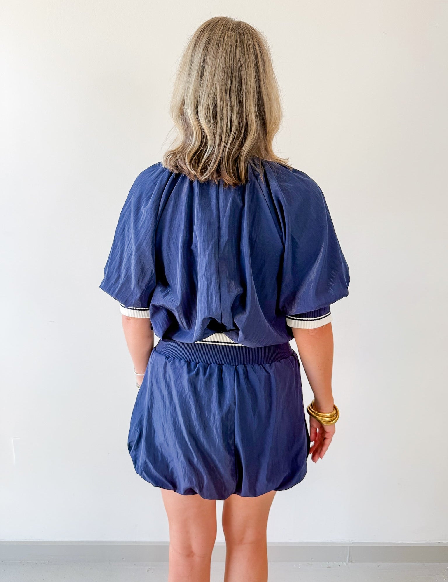 Waist Rib Bubble Top & Skort Set - Navy