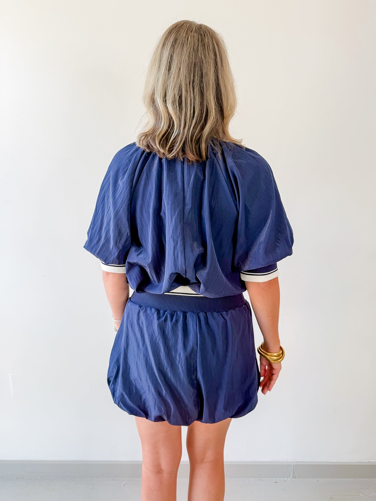 Waist Rib Bubble Top & Skort Set - Navy