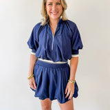 Waist Rib Bubble Top & Skort Set - Navy