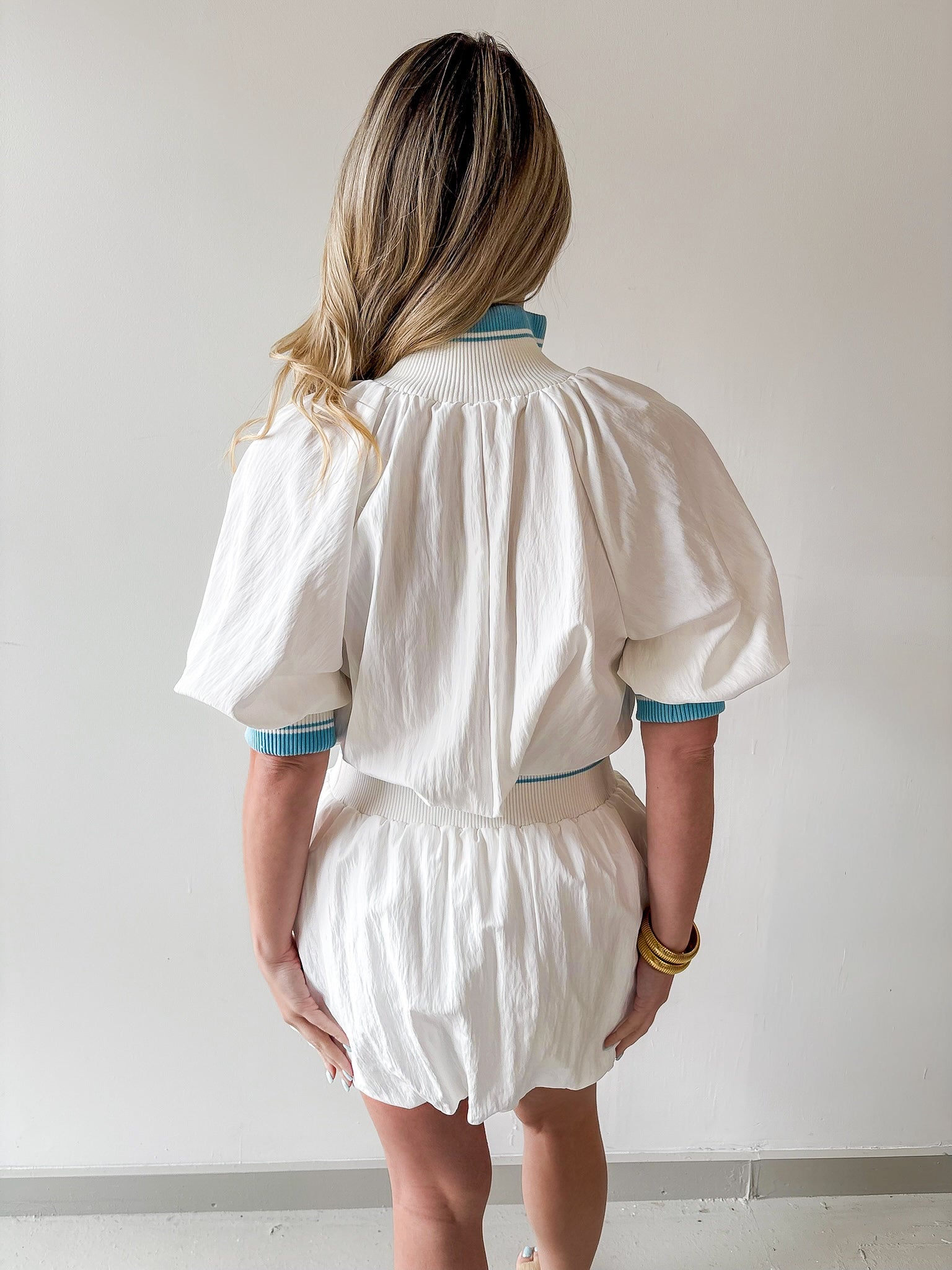 Waist Rib Bubble Top & Skort Set - White