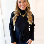 Waist Tie Knit Top - Black