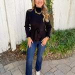 Waist Tie Knit Top - Black
