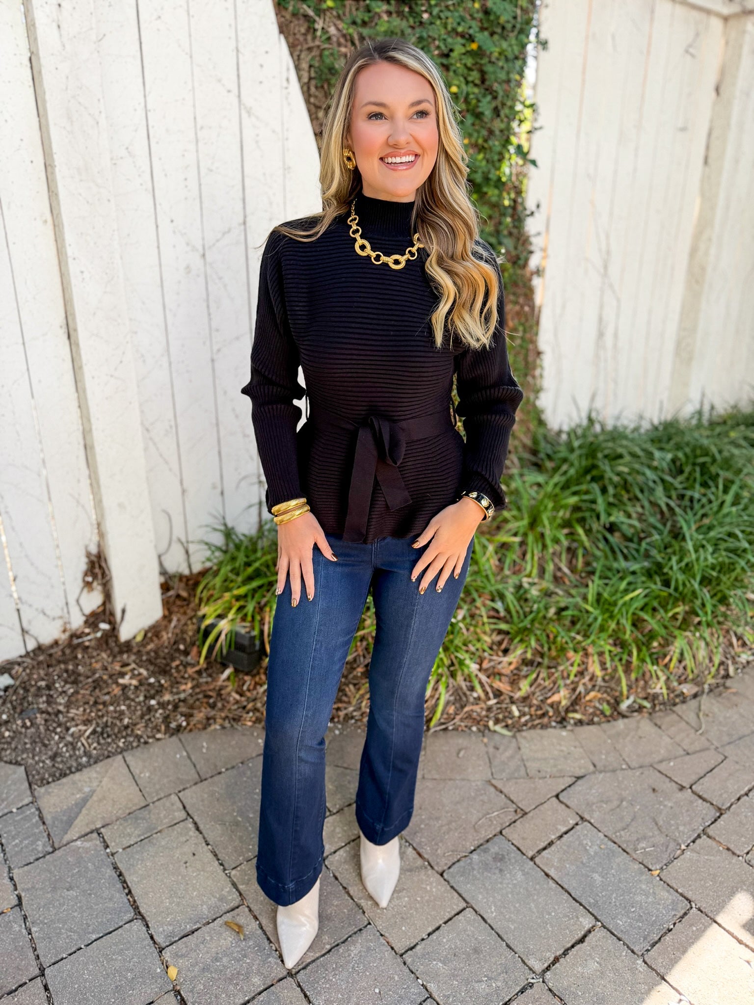 Waist Tie Knit Top - Black