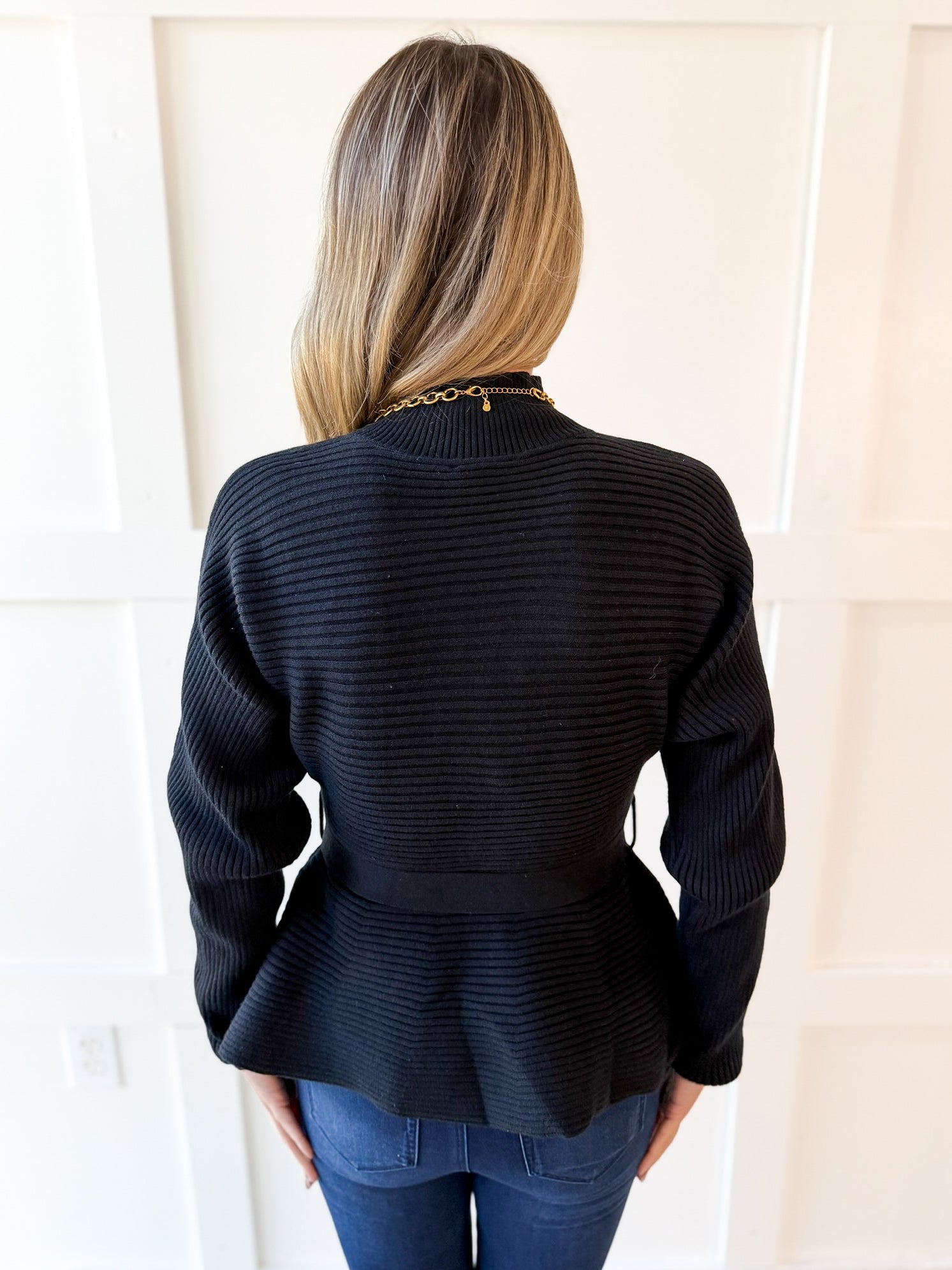 Waist Tie Knit Top - Black