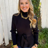 Waist Tie Knit Top - Black