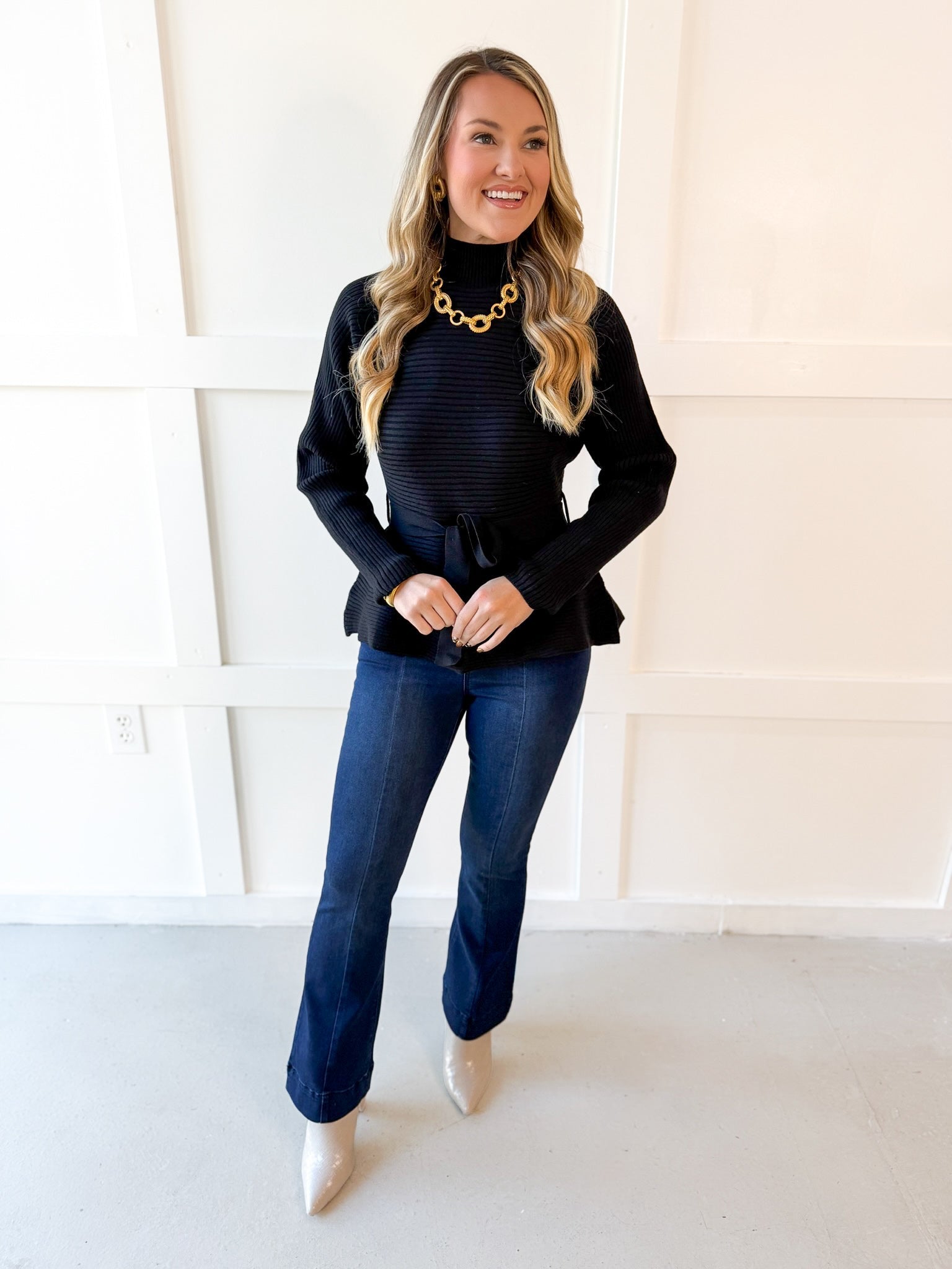 Waist Tie Knit Top - Black
