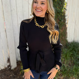 Waist Tie Knit Top - Black