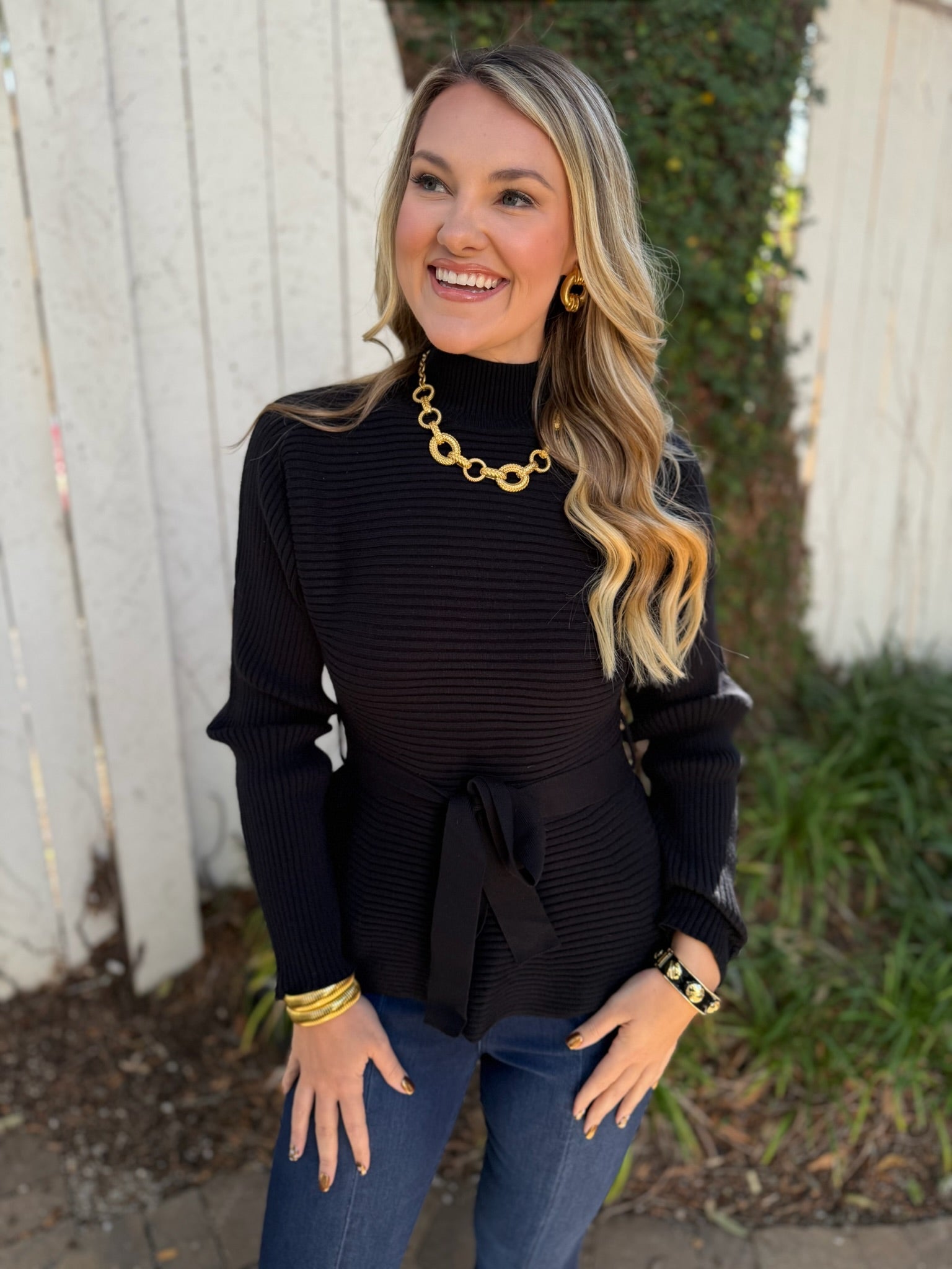 Waist Tie Knit Top - Black