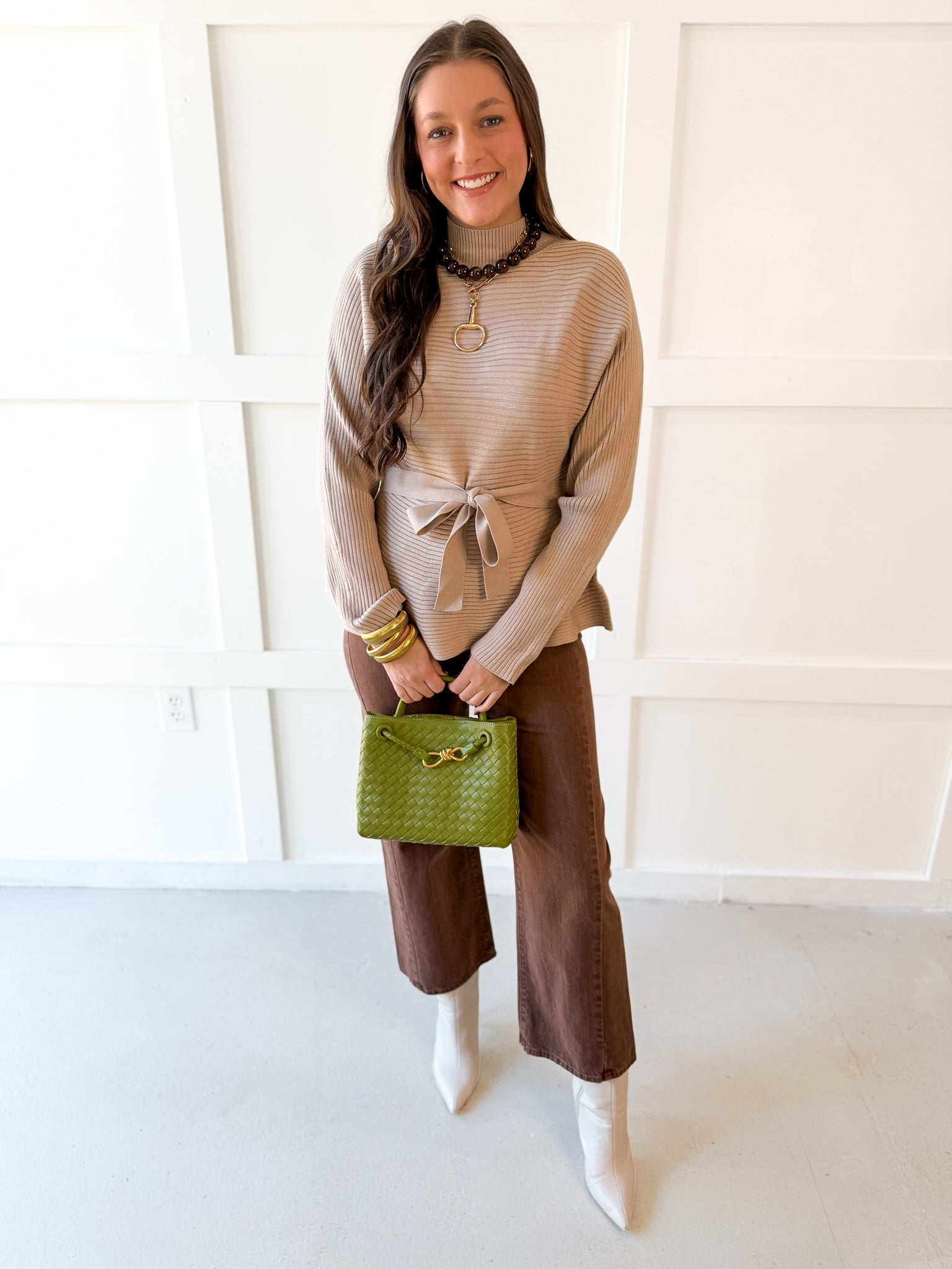 Waist Tie Knit Top - Taupe