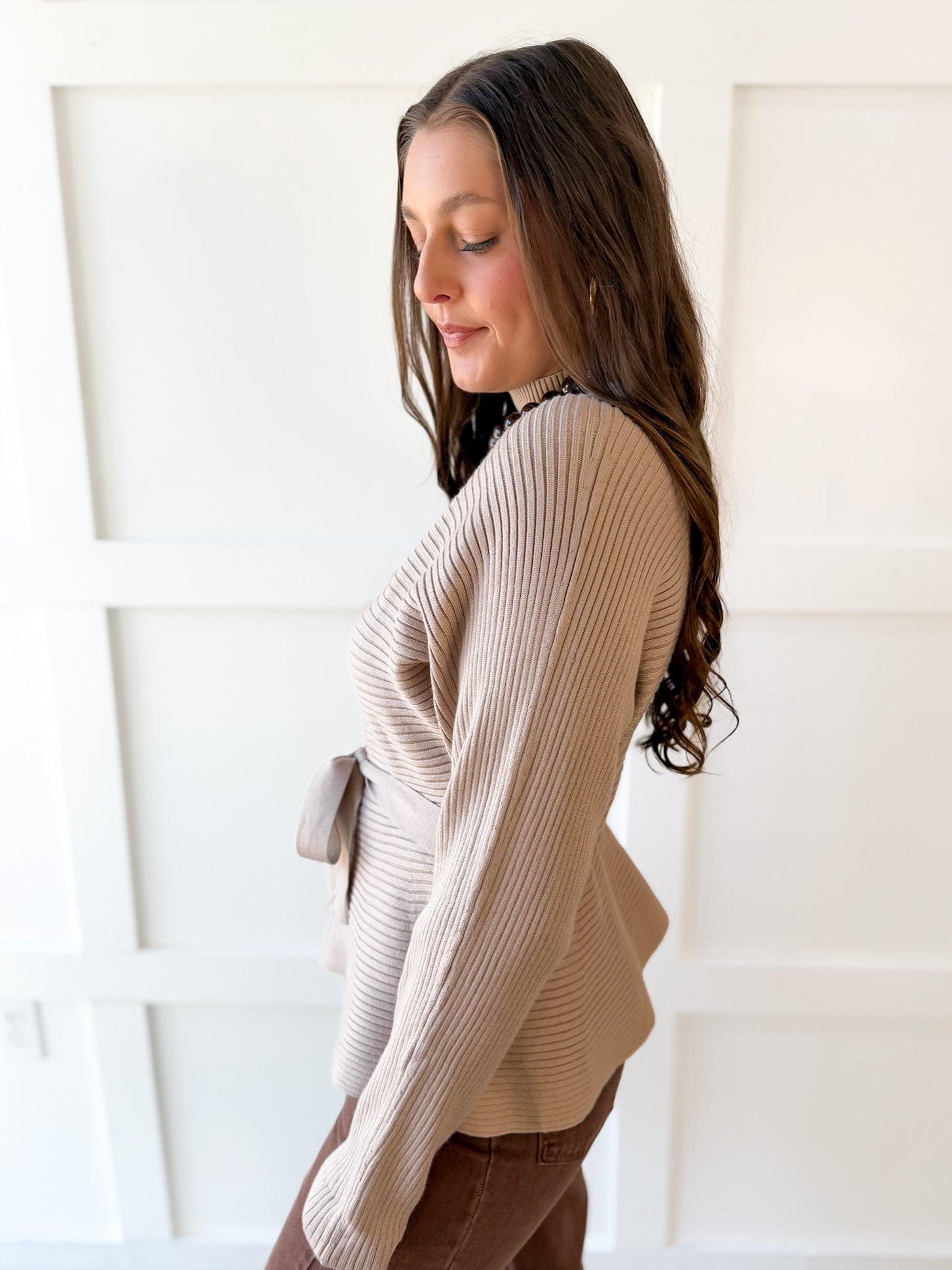 Waist Tie Knit Top - Taupe