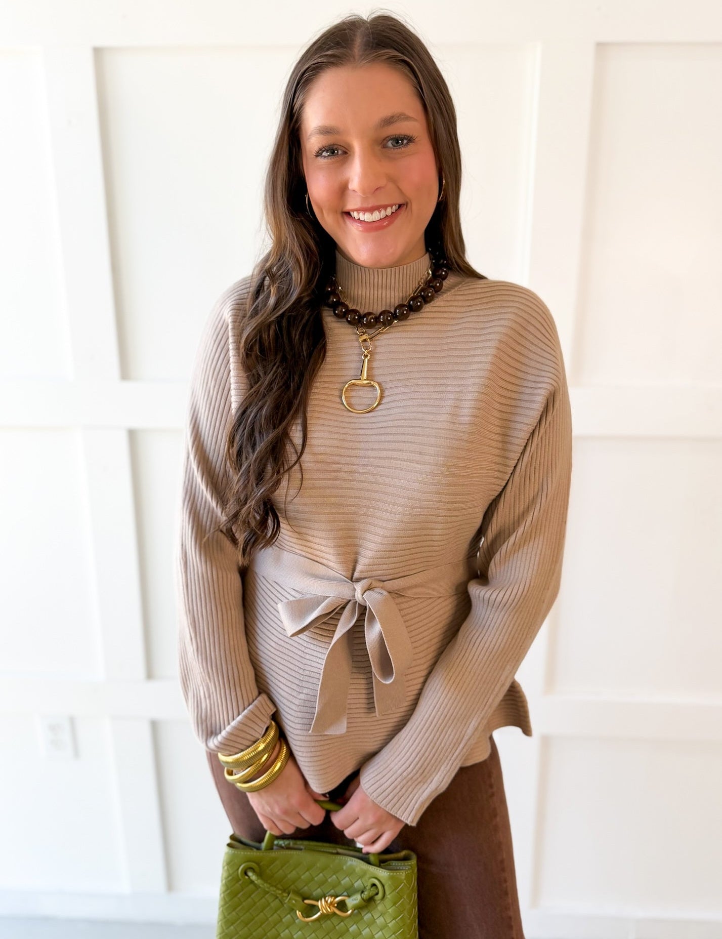 Waist Tie Knit Top - Taupe