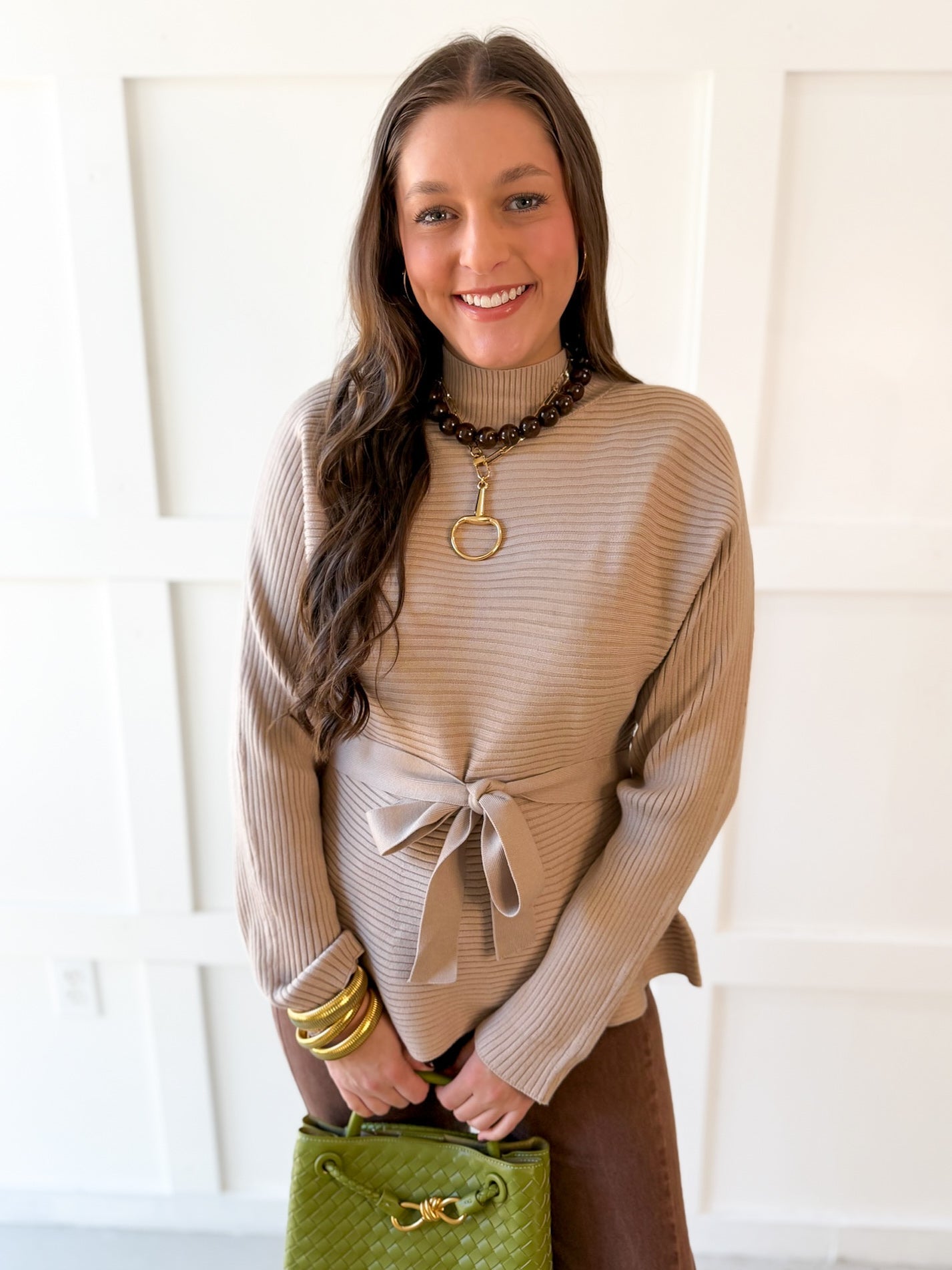 Waist Tie Knit Top - Taupe