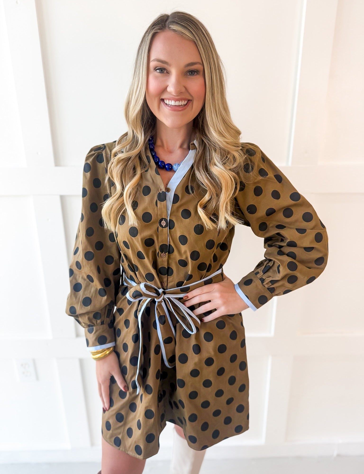 Waist Tie Polka Dot Dress - Khaki