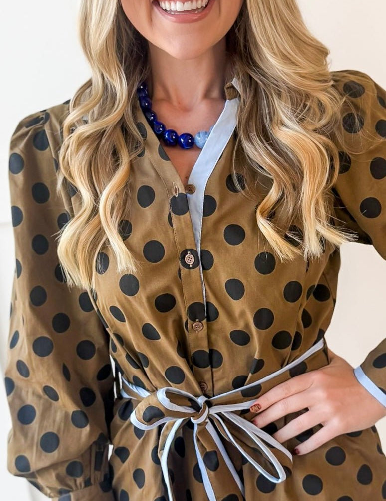 Waist Tie Polka Dot Dress - Khaki