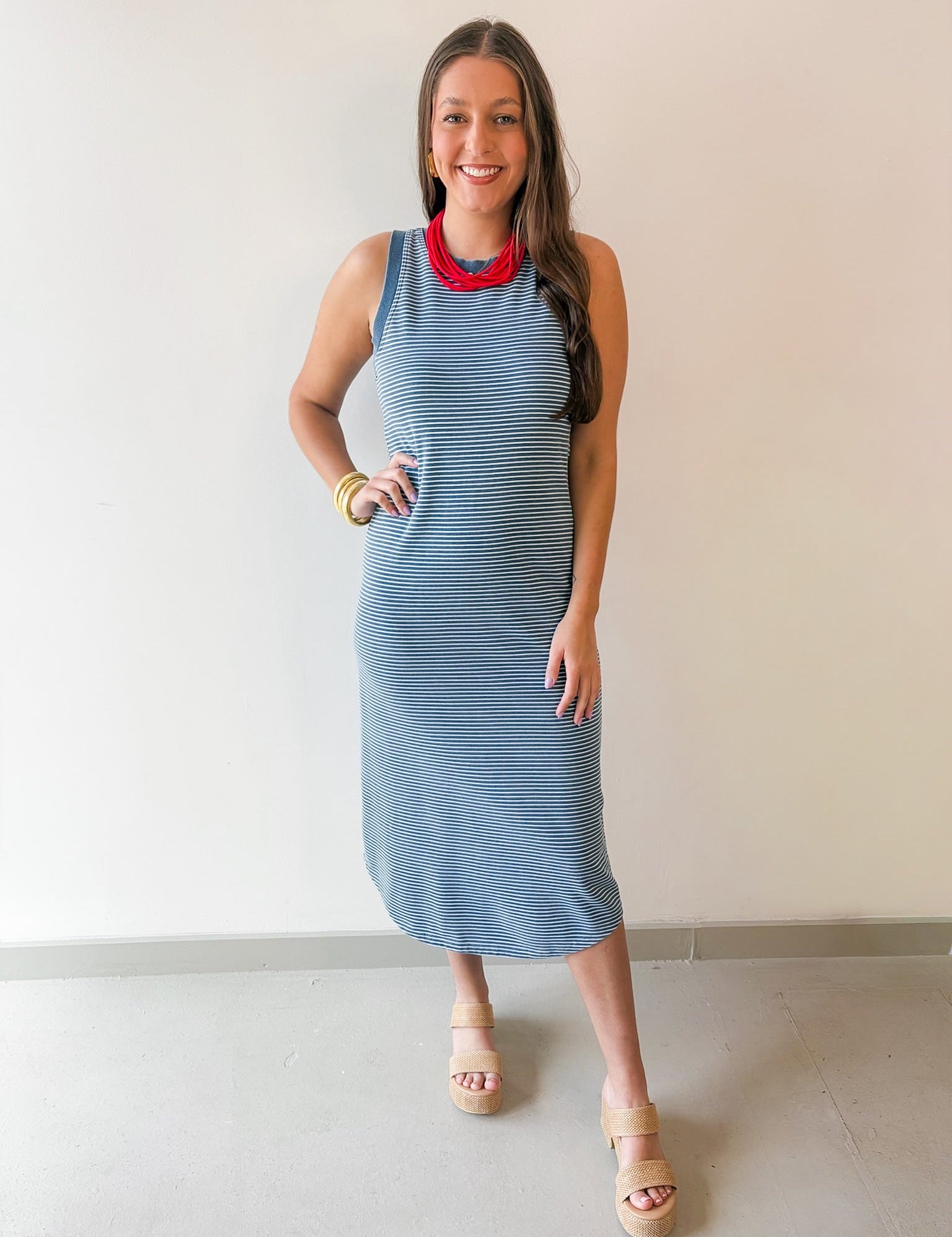 Washed Stripe Tank Knit Midi Dress