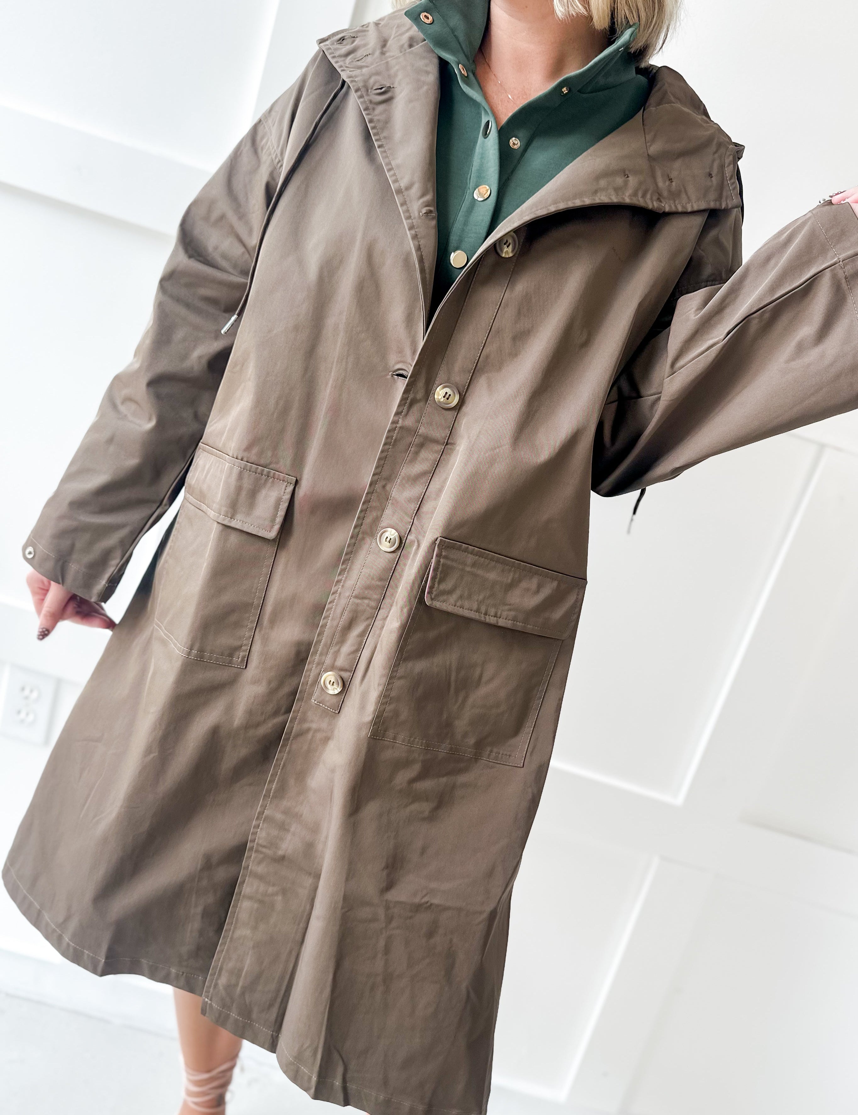 Water Resistant Midi Coat - Khaki Brown