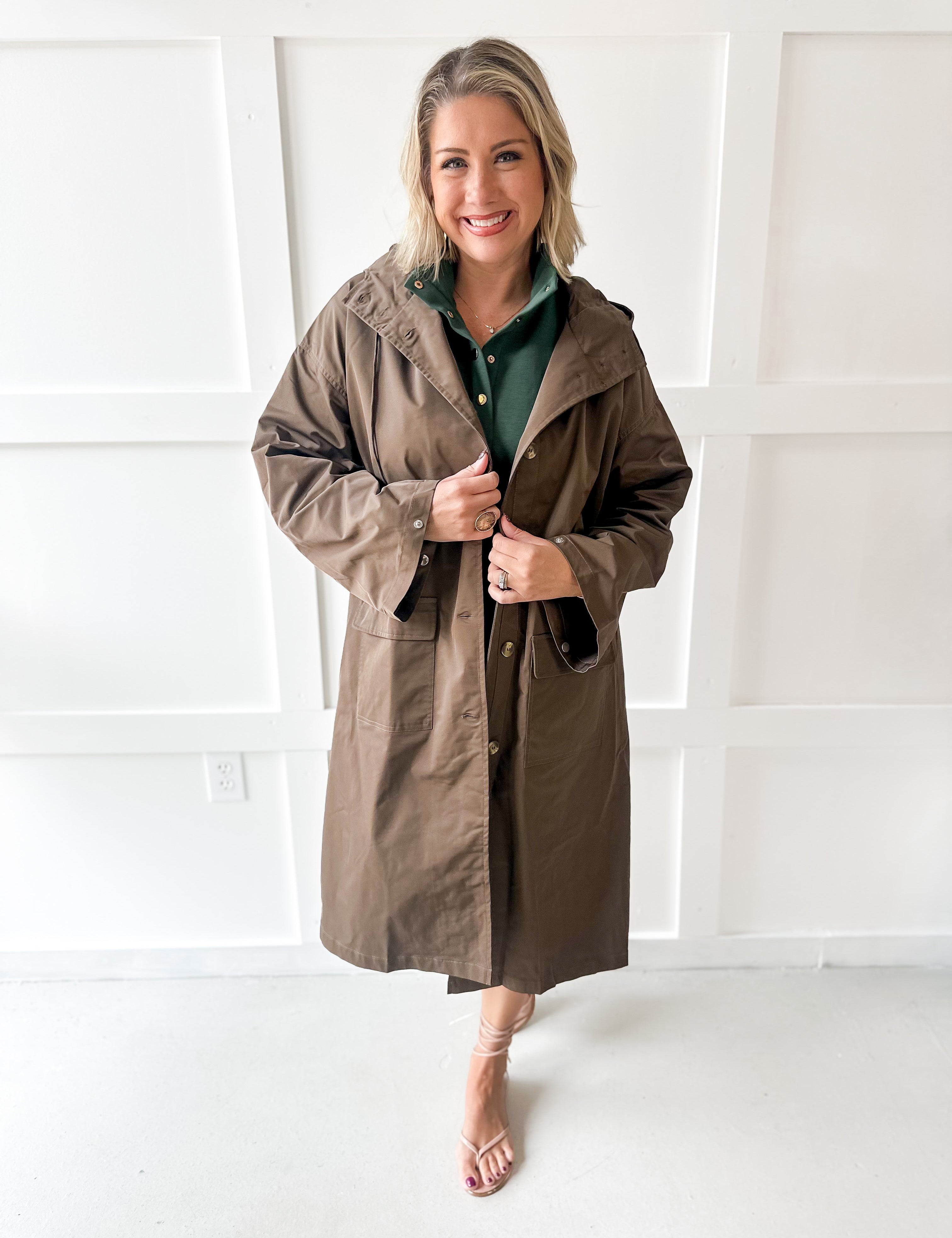Water Resistant Midi Coat - Khaki Brown