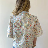 Wave Trim Yoke Embroidery Top - Slate Blue