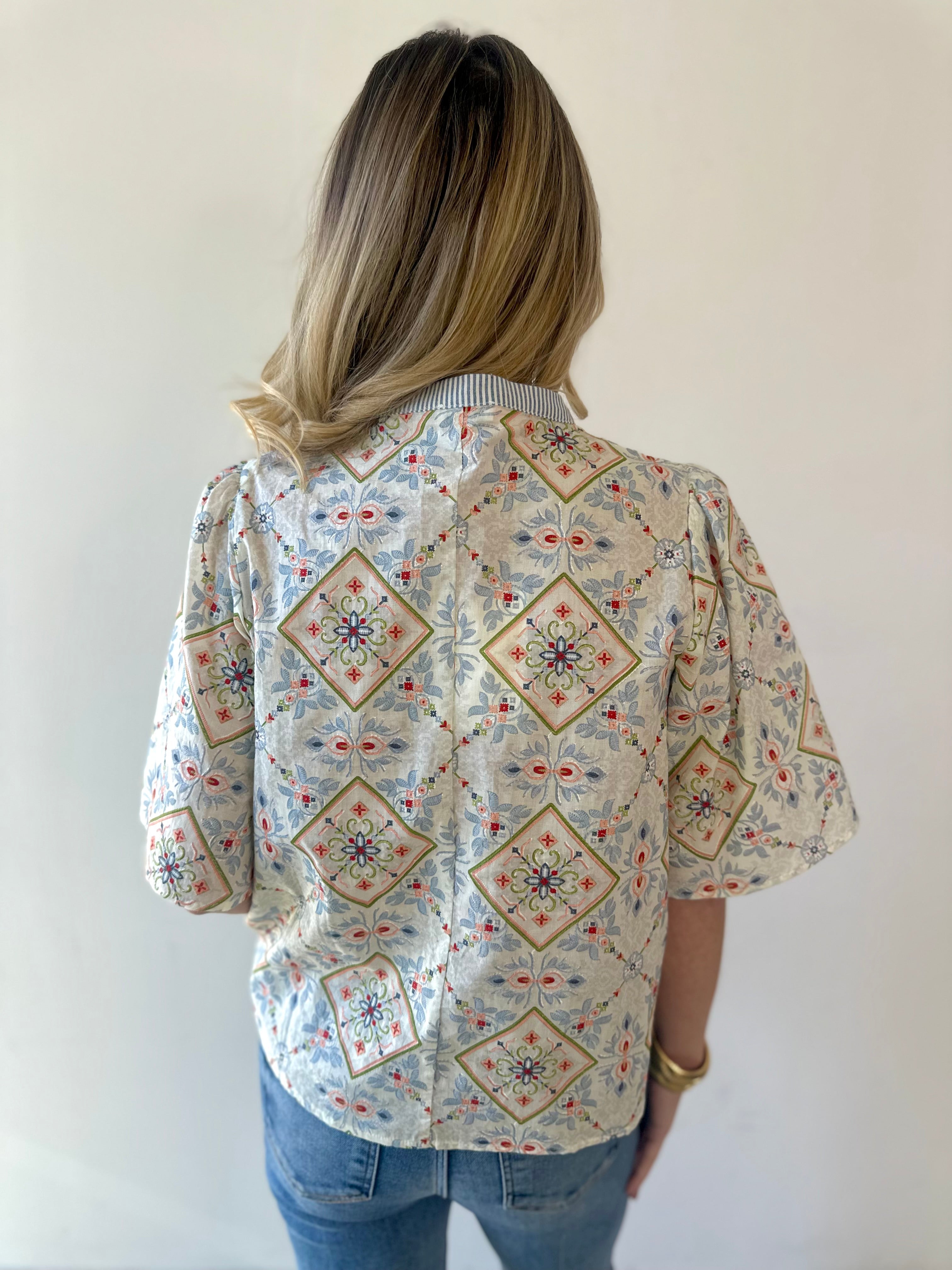 Wave Trim Yoke Embroidery Top - Slate Blue