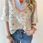 Wave Trim Yoke Embroidery Top - Slate Blue