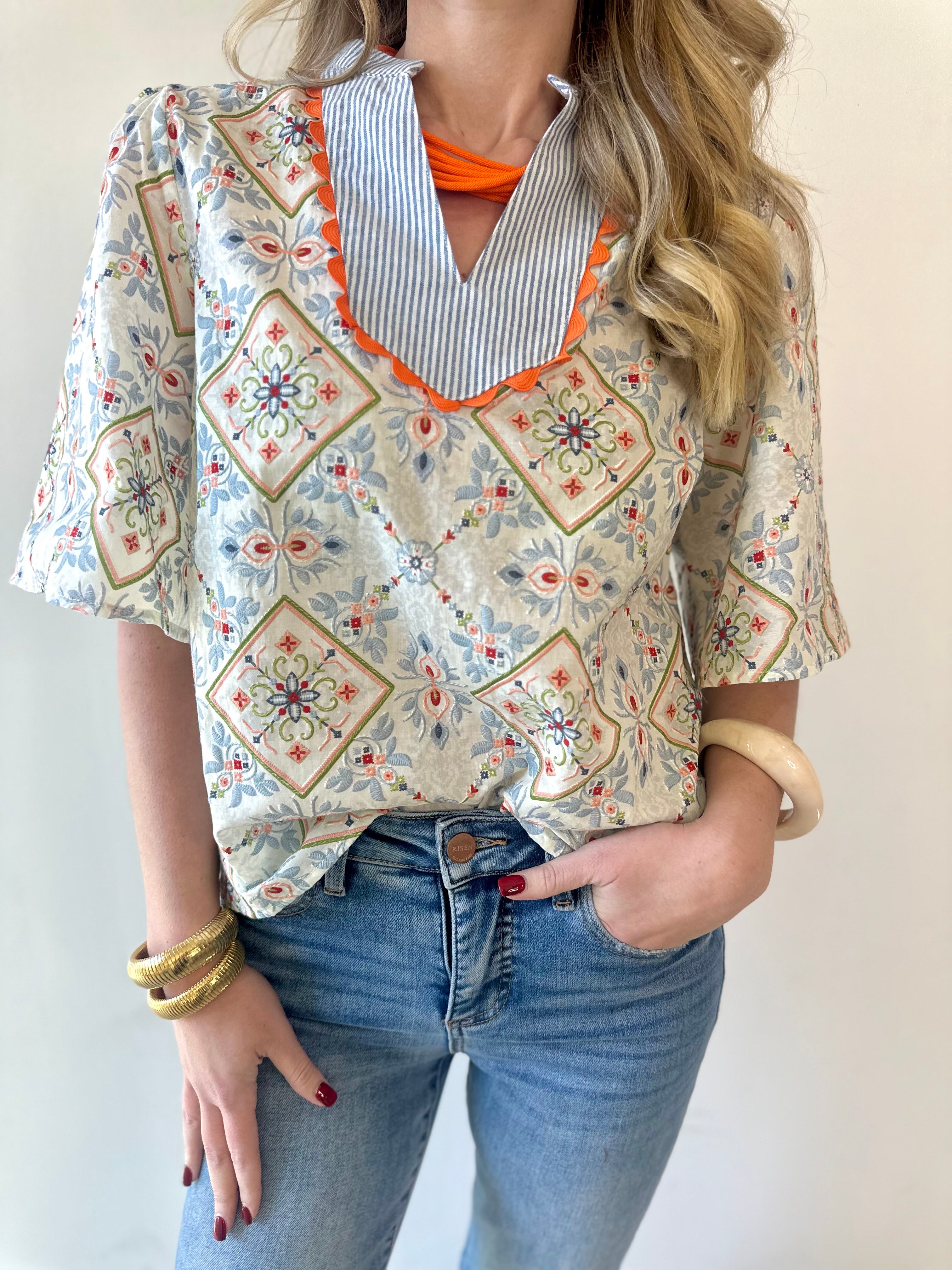 Wave Trim Yoke Embroidery Top - Slate Blue