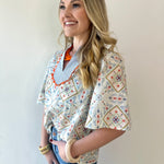 Wave Trim Yoke Embroidery Top - Slate Blue