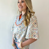 Wave Trim Yoke Embroidery Top - Slate Blue