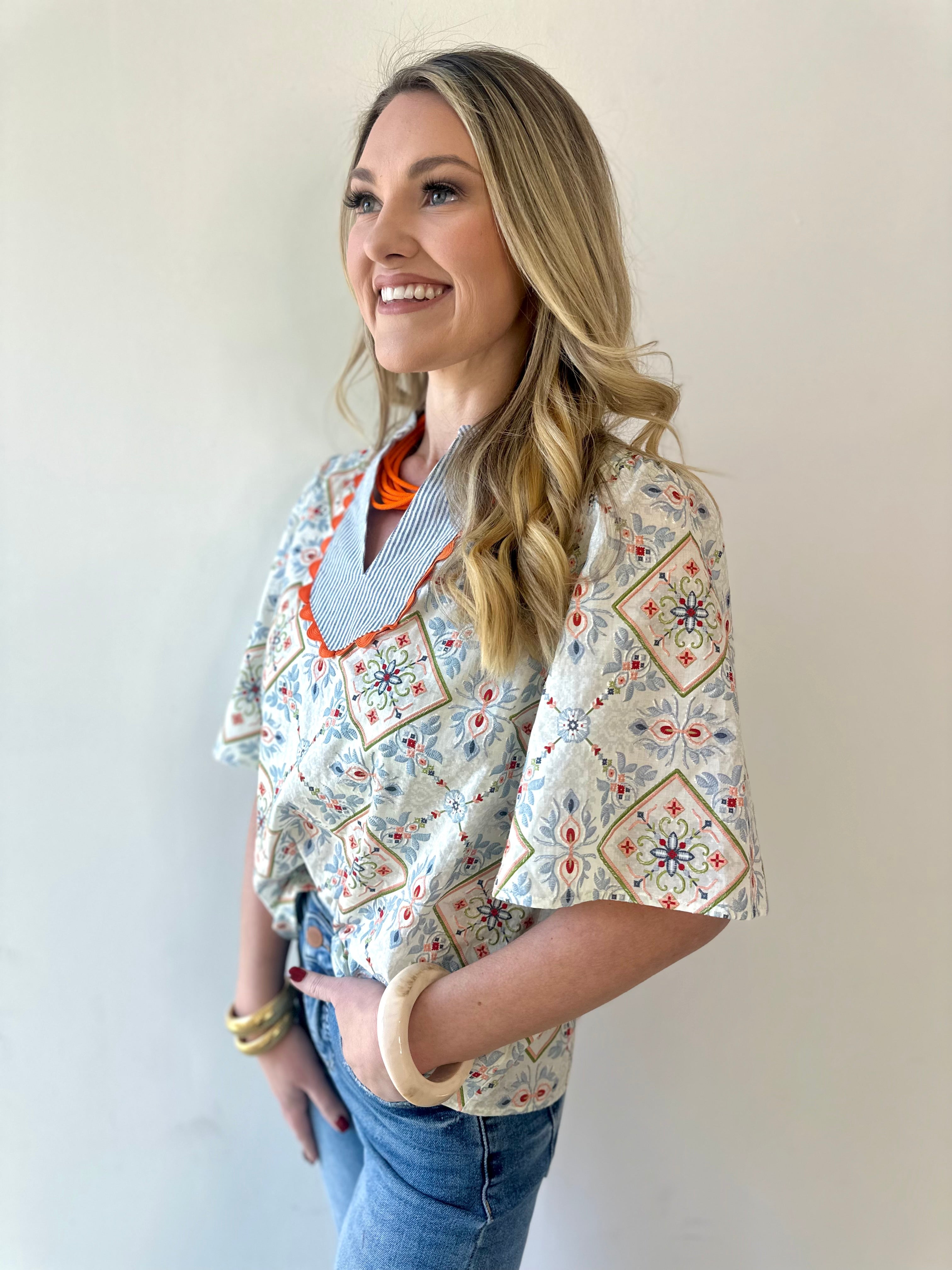 Wave Trim Yoke Embroidery Top - Slate Blue