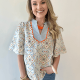 Wave Trim Yoke Embroidery Top - Slate Blue