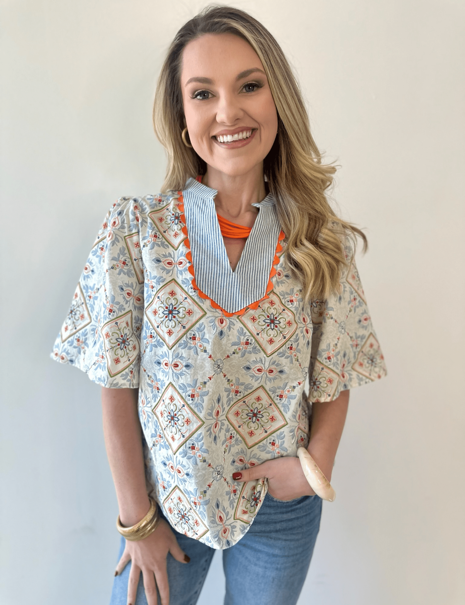 Wave Trim Yoke Embroidery Top - Slate Blue